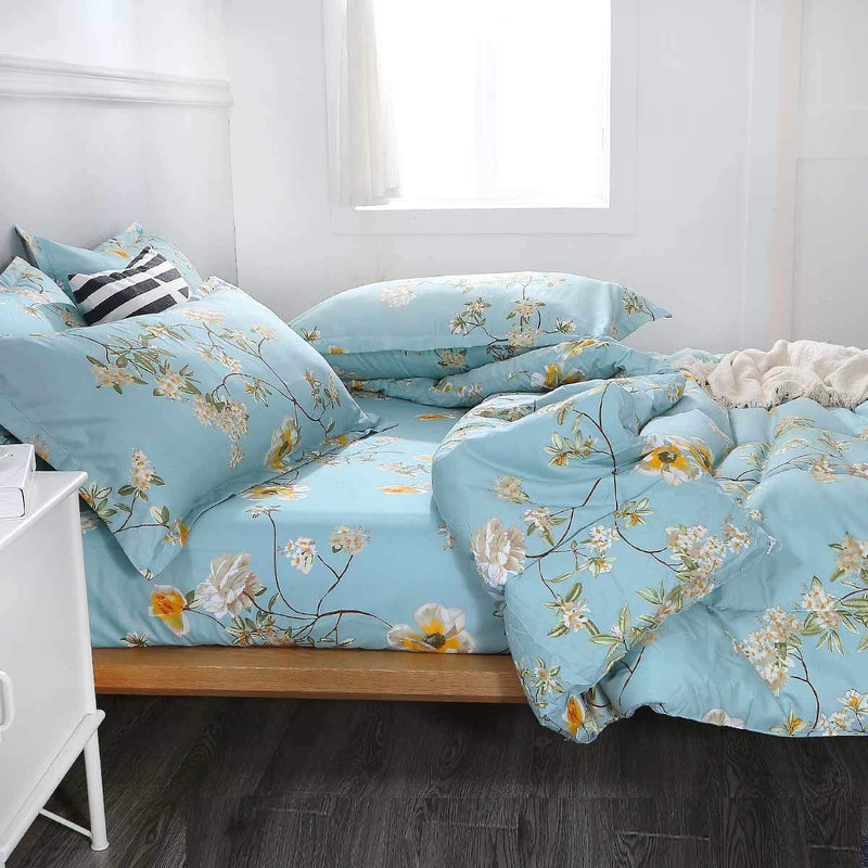 Nanko King Fitted Bed Sheet 78x80 Deep Pocket Mattress Teal Floral Farmhouse Best Luxury Cool Soft Lightweight Microfiber Bedding Set 2 Pillowcases 10 11 12 14 inch Green White Flower - Image 2